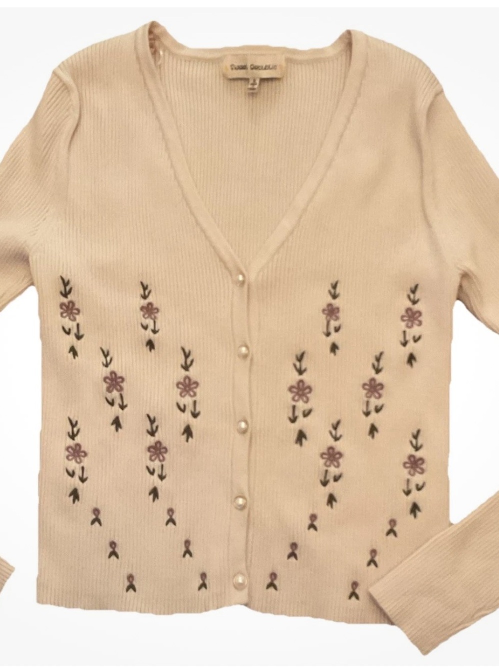 Pearl-Button Cream Floral Embroidered V-Neck Cardigan